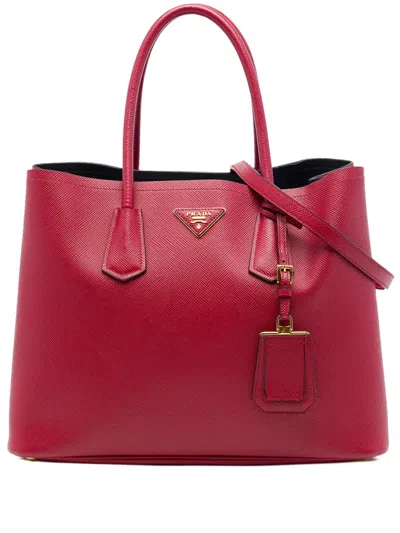 Pre-owned Prada 2013-2026 Large Saffiano Cuir Double Satchel In Red