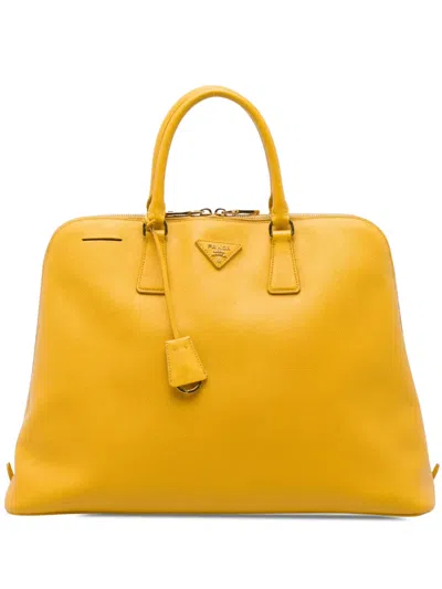 Pre-owned Prada 2013-2026 Large Saffiano Lux Promenade Satchel In Yellow