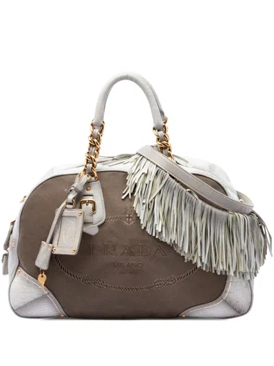 Pre-owned Prada 2013-2026 Leather Trimmed Canvas Canapa Logo Fringe Bauletto Bag Satchel In Brown