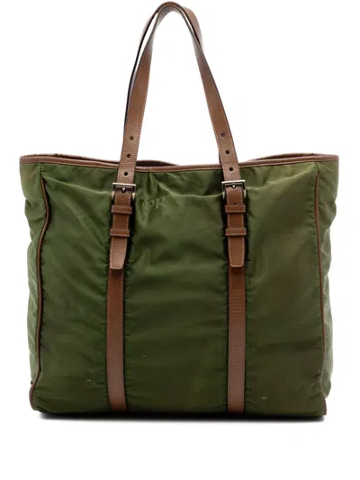 Pre-owned Prada 2013-2026 Leather Trimmed Tessuto Tote Bag In Green