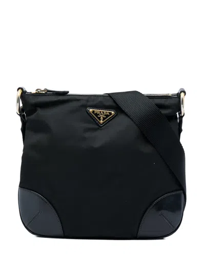 Pre-owned Prada 2013-2026 Leather Trimmed Tessuto Zip Top Crossbody Bag In Black