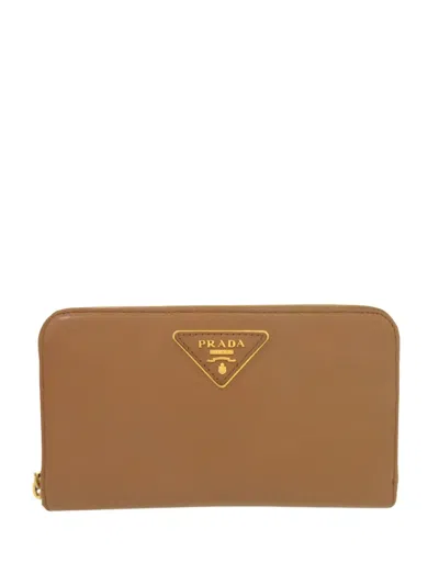 Pre-owned Prada 2013-2026 Leather Zip Around Wallet Long Wallets In Brown