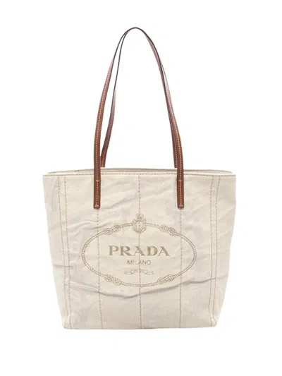 Pre-owned Prada 2013-2026 Linen Blend Tote Bag In ニュートラル