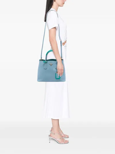 Pre-owned Prada 2013-2026 Medium Bicolor Saffiano Cuir Double Satchel In Blue