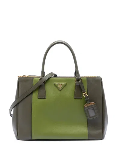 Pre-owned Prada 2013-2026 Medium Bicolor Saffiano Lux Galleria Double Zip Satchel In Green