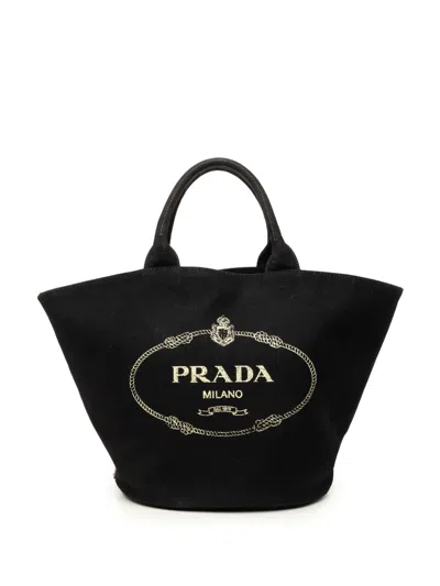 Pre-owned Prada 2013-2026 Medium Canvas Canapa Logo Convertible Shopping Tote Satchel In Black