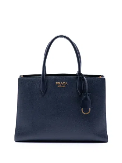 Pre-owned Prada 2013-2026 Medium Saffiano Bibliotheque Satchel In Blue