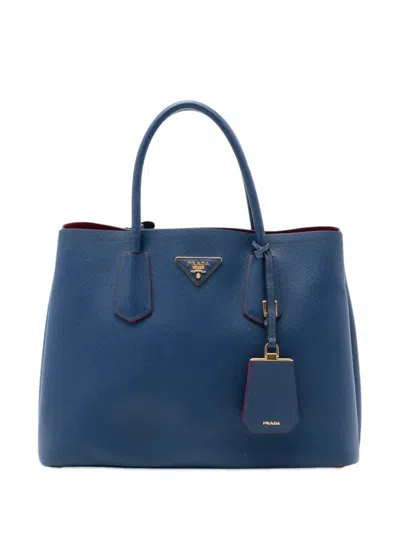 Pre-owned Prada 2013-2026 Medium Saffiano Cuir Double Satchel In Blue