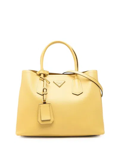 Pre-owned Prada 2013-2026 Medium Saffiano Cuir Double Satchel In Yellow