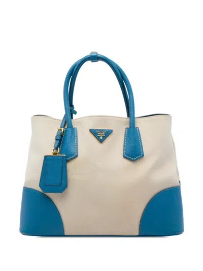 Pre-owned Prada 2013-2026 Medium Saffiano Cuir Trimmed Canvas Double Satchel In Blue