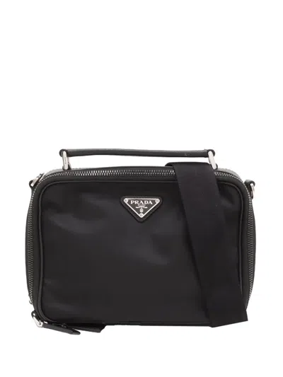 Pre-owned Prada 2013-2026 Medium Saffiano Trimmed Re Nylon Brique Satchel In Black