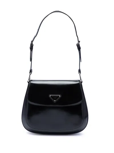 Pre-owned Prada 2013-2026 Medium Spazzolato Leather Cleo Flap Shoulder Bag In Black