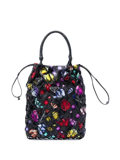 Pre-owned Prada 2013-2026 Mesh Leather And Floral Printed Tessuto Tote Bag In Black
