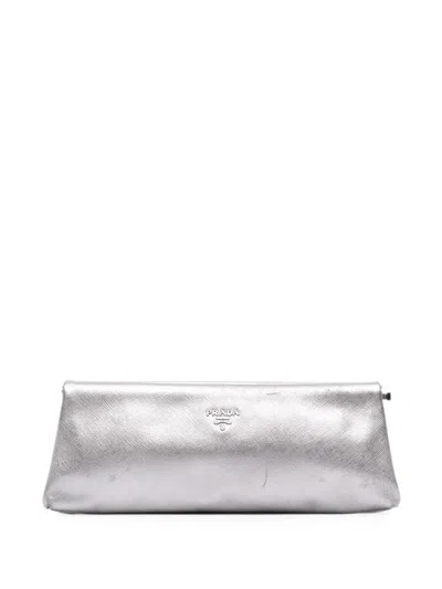 Pre-owned Prada 2013-2026 Metallic Saffiano Frame Clutch Bag In Silver