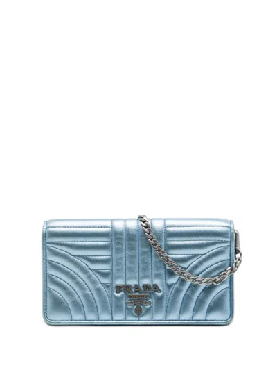 Pre-owned Prada 2013-2026 Metallic Soft Calf Impunture Diagramme Wallet On Chain Crossbody Bag In Blue