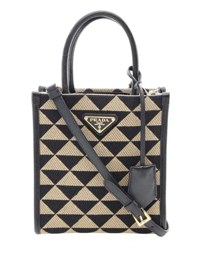 Pre-owned Prada 2013-2026 Mini Embroidered Jacquard Symbole Triangolo Satchel In Brown