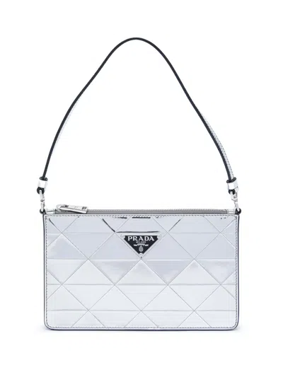Pre-owned Prada 2013-2026 Mini Metallic Spazzolato Tria Shoulder Bag In Silver
