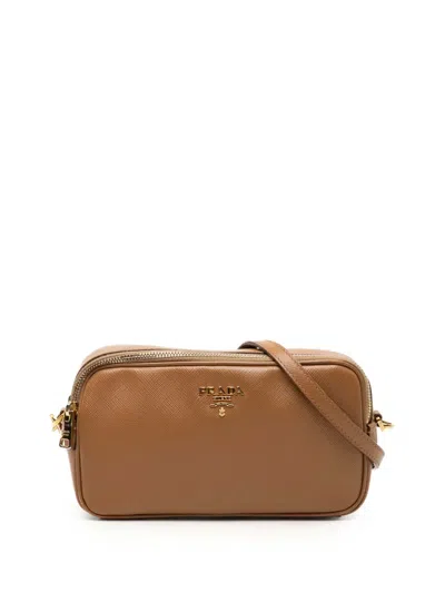 Pre-owned Prada 2013-2026 Mini Saffiano Double Zip Crossbody Bag In Brown