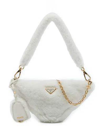 Pre-owned Prada 2013-2026 Mini Shearling Triangle Satchel In White