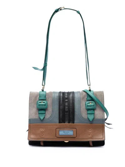 Pre-owned Prada 2013-2026 Multicolore Glace Calf And Suede Patchwork Etiquette Satchel In Grey