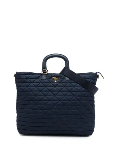 Pre-owned Prada 2013-2026 Quilted Tessuto Padded Satchel In Blue