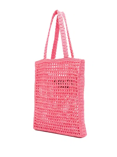 Pre-owned Prada 2013-2026 Raffia Effect Crochet Logo Embroidered Tote Bag In Pink