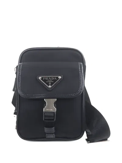 Pre-owned Prada 2013-2026 Re Nylon And Saffiano Smartphone Case Satchel In Black