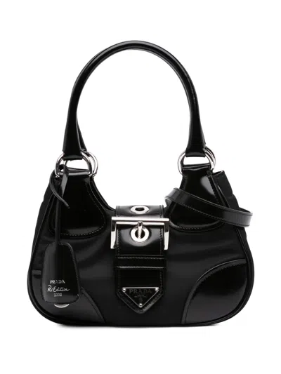 Pre-owned Prada 2013-2026 Re Nylon And Shiny Calfskin Re Edition 2002 Moon Satchel In Black