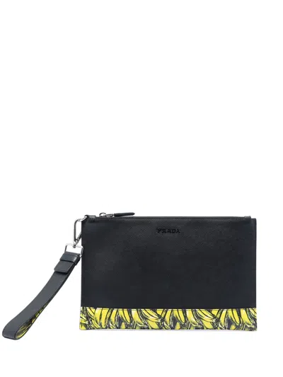 Pre-owned Prada 2013-2026 Saffiano Banana Print Clutch Bag In Black