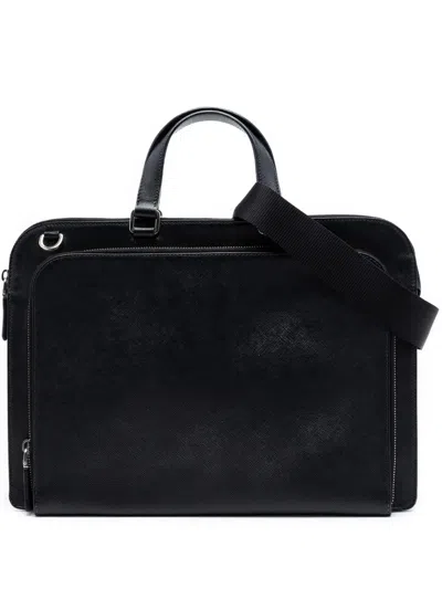 Pre-owned Prada 2013-2026 Saffiano Cuir Travel Front Zip Pocket Briefcase Business Bag In Black