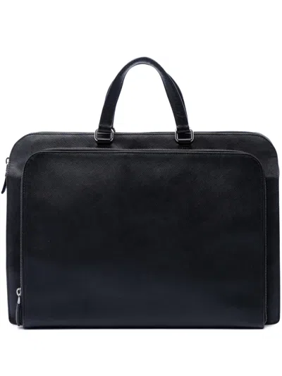 Pre-owned Prada 2013-2026 Saffiano Cuir Travel Front Zip Pocket Briefcase Business Bag In Black