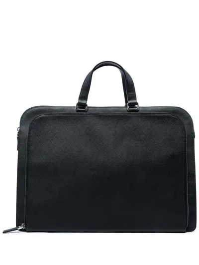 Pre-owned Prada 2013-2026 Saffiano Cuir Travel Front Zip Pocket Briefcase Business Bag In Black