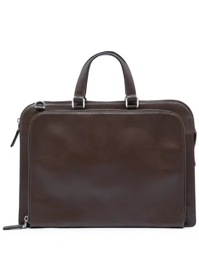 Pre-owned Prada 2013-2026 Saffiano Cuir Travel Front Zip Pocket Briefcase Business Bag In Brown