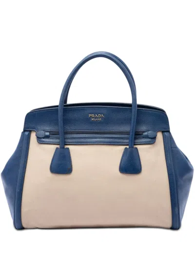 Pre-owned Prada 2013-2026 Saffiano Cuir Trimmed Canapa Satchel In Blue