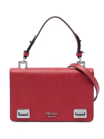 Pre-owned Prada 2013-2026 Saffiano Double Turn Lock Top Handle Bag Satchel In Red