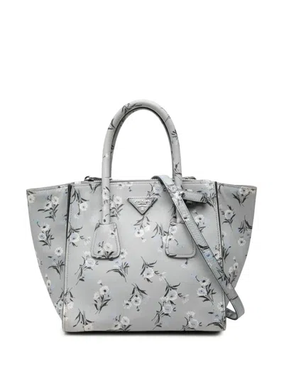 Pre-owned Prada 2013-2026 Saffiano Floral Twin Pocket Satchel In Grey