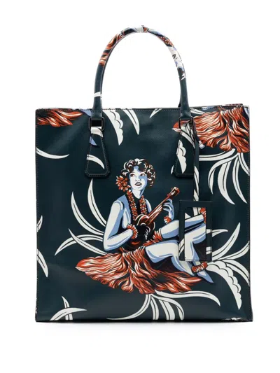 Pre-owned Prada 2013-2026 Saffiano Hawaiian Print Tote Bag In Green