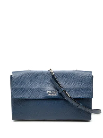 Pre-owned Prada 2013-2026 Saffiano Leather Double Turnlock Crossbody Bag In Blue