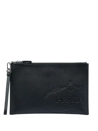 Pre-owned Prada 2013-2026 Saffiano Logo Clutch Bag In Black