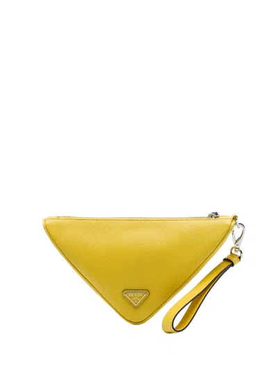 Pre-owned Prada 2013-2026 Saffiano Logo Embossed Triangle Wristlet Pouch Clutch Bag In Yellow
