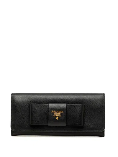 Pre-owned Prada 2013-2026 Saffiano Lux Bow Continental Wallet Long Wallets In Black