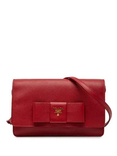 Pre-owned Prada 2013-2026 Saffiano Lux Bow Wallet On Strap Crossbody Bag In Red