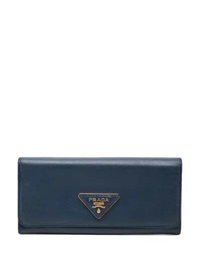 Pre-owned Prada 2013-2026 Saffiano Lux Continental Wallet Long Wallets In Blue