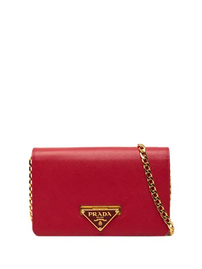 Pre-owned Prada 2013-2026 Saffiano Lux Flip Lock Wallet On Chain Crossbody Bag In Red