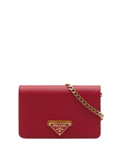 Pre-owned Prada 2013-2026 Saffiano Lux Flip Lock Wallet On Chain Crossbody Bag In Red
