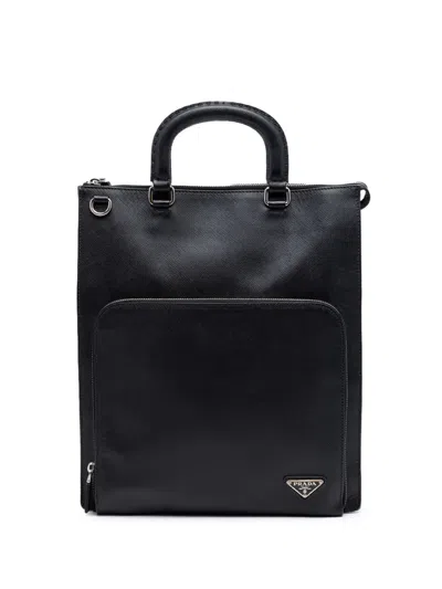 Pre-owned Prada 2013-2026 Saffiano Lux Front Pocket Convertible Tote Satchel In Black