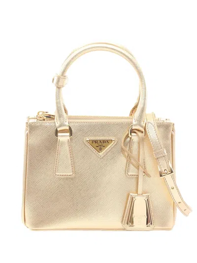 Pre-owned Prada 2013-2026 Saffiano Lux Galleria Double Zip Mini Satchel In Gold