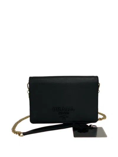 Pre-owned Prada 2013-2026 Saffiano Lux Monochrome Wallet On Chain Crossbody Bag In 黑色