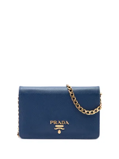 Pre-owned Prada 2013-2026 Saffiano Lux Wallet On Chain Crossbody Bag In Blue