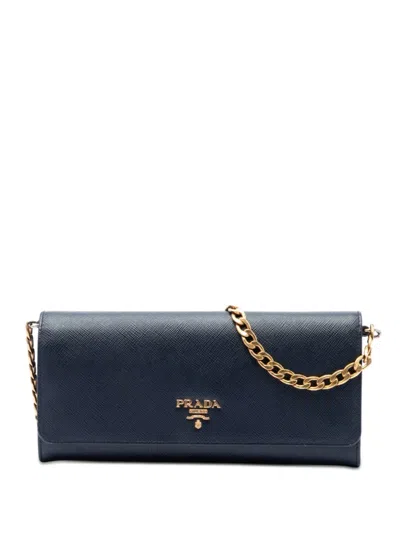 Pre-owned Prada 2013-2026 Saffiano Lux Wallet On Chain Crossbody Bag In Blue